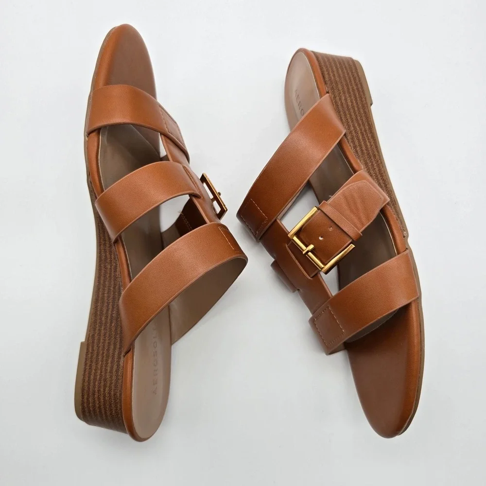Aerosoles Borri Tan Brown Leather Wedge Slide Sandals Gold Buckle Womens 10